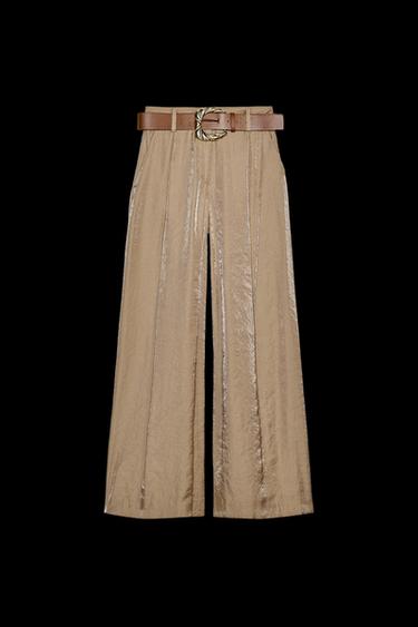 PANTALÓN ANCHO SATINADO CINTURÓN - Marrón / Topo de Zara - Imagen 0