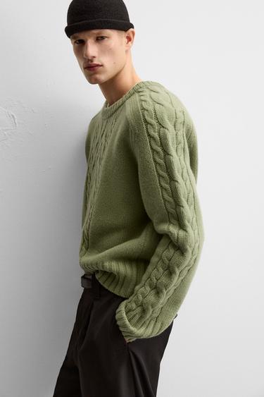 Zara TEXTURED CABLE KNIT SWEATER - Green