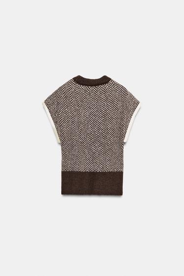 TOP GILET EN MAILLE POINT DE CHEVRON - Écru / Marron de Zara - Image 2