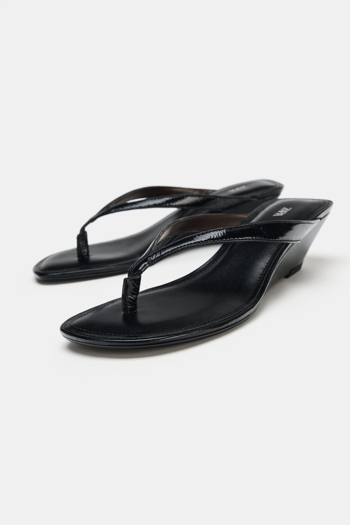 Женские сандалии Zara Leather Wedge, цвет: Чёрный — фото 4