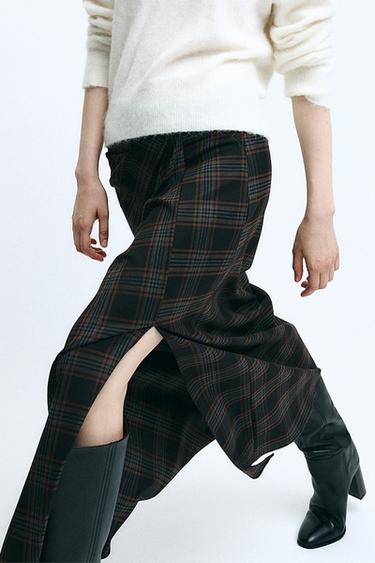Zara DRAPED PLAID SKIRT ZW COLLECTION - Khaki