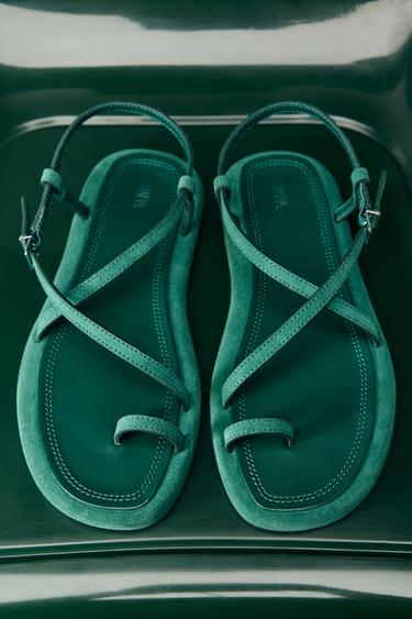 Zara LEATHER STRAP SANDALS - Green