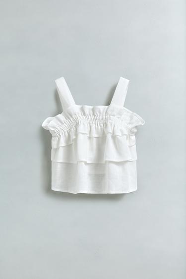 100% LINEN RUFFLE TOP - Ecru by Zara
