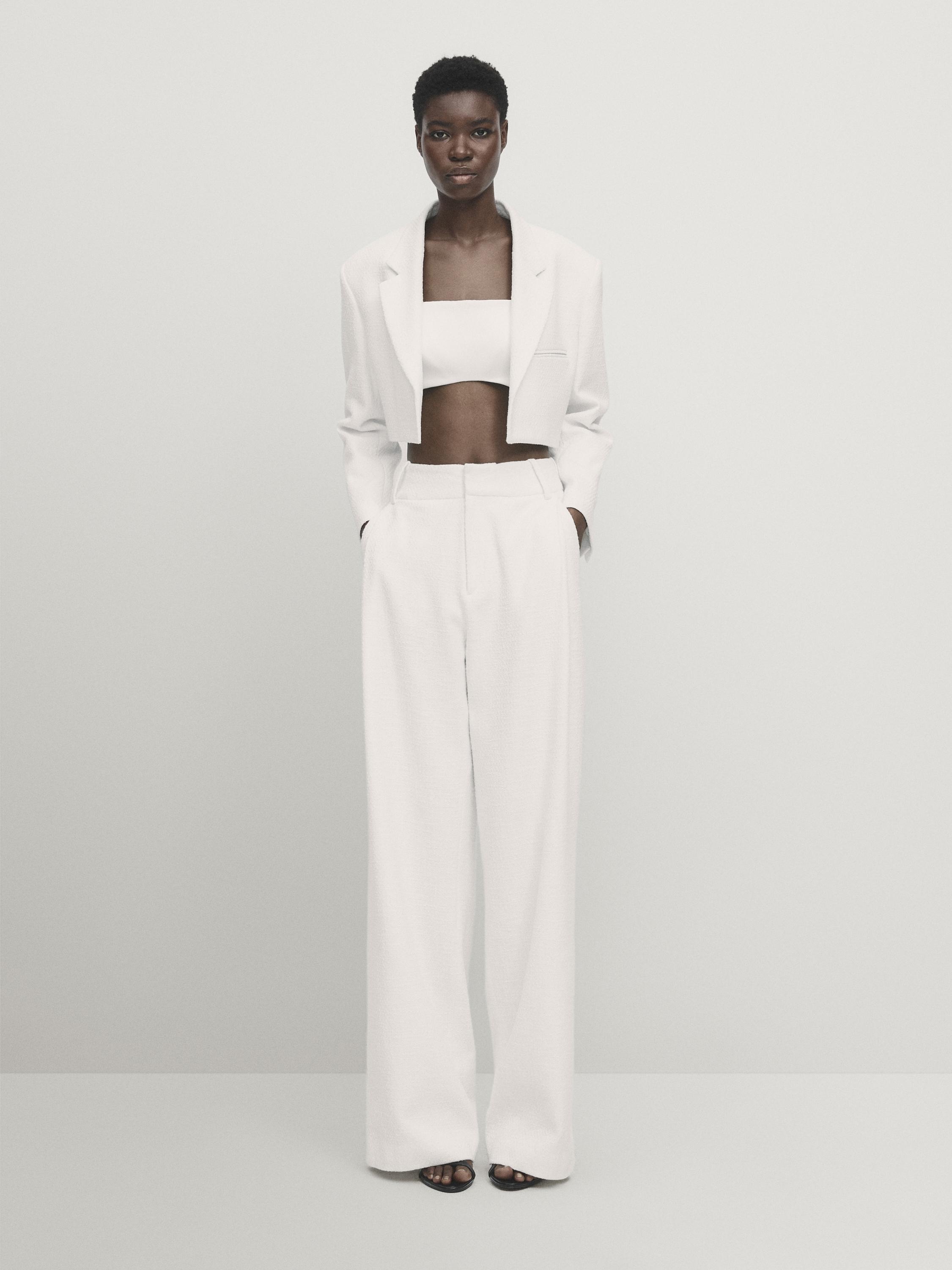 Wide-leg textured suit trousers with darts - Studio - White | ZARA 