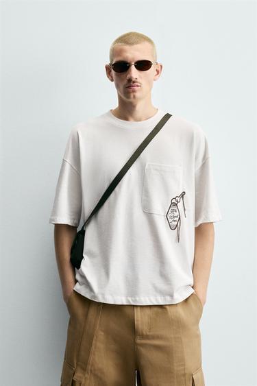 CAMISETA BOLSILLO BORDADOS - Blanco roto de Zara