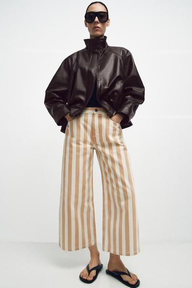 Zara ZW COLLECTION MID-RISE STRIPED CULOTTE JEANS - Mid-ecru