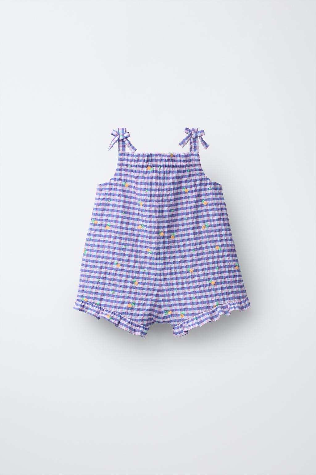GINGHAM CHECK SHORT JUMPSUIT WITH EMBROIDERED FRUIT