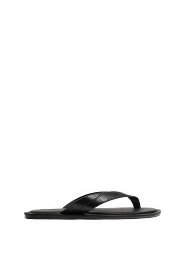 Zara CROCODILE EMBOSSED STRAP SANDALS - Black