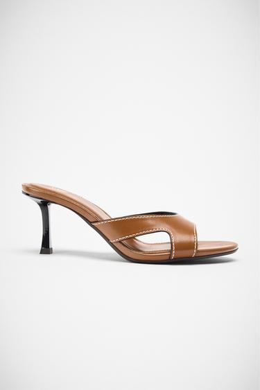 TOPSTITCHED HEELED SANDALS - Brown by Zara
