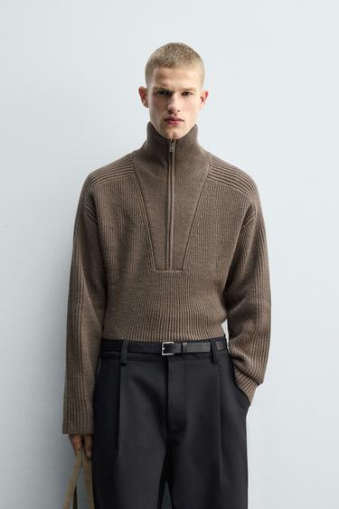 PURL KNIT QUARTER-ZIP JUMPER - Brown / Taupe by Zara