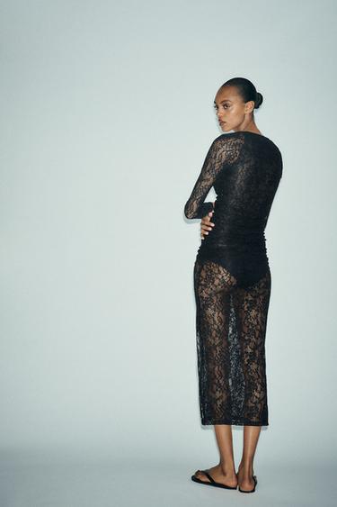 ROBE MIDI EN DENTELLE À MANCHONS - Noir de Zara - Image 4
