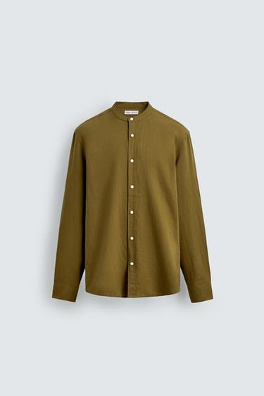 قميص كتان - قطن - زيتوني الخاص بـ Zara