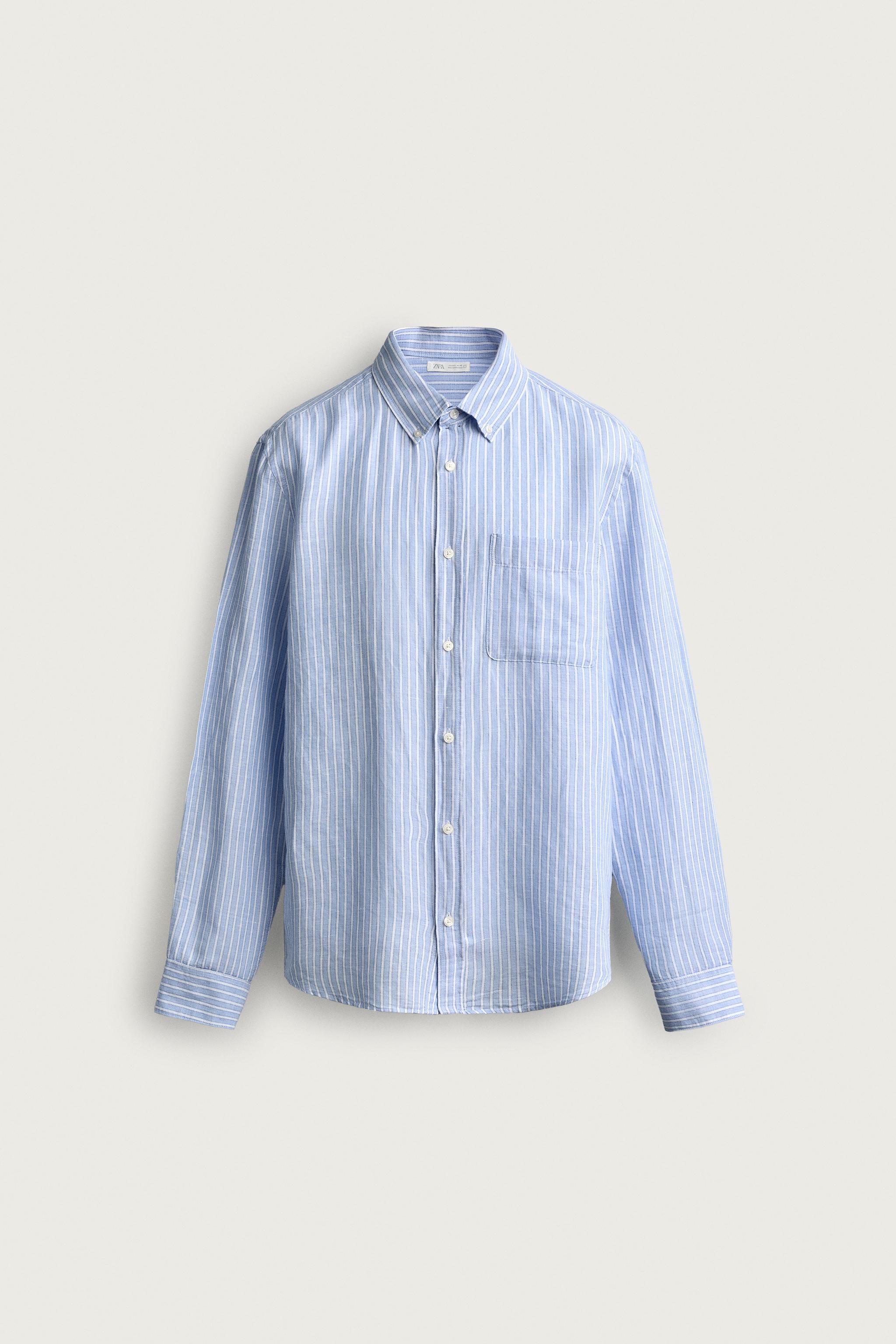 LINEN COTTON BLEND REGULAR FIT SHIRT — striped