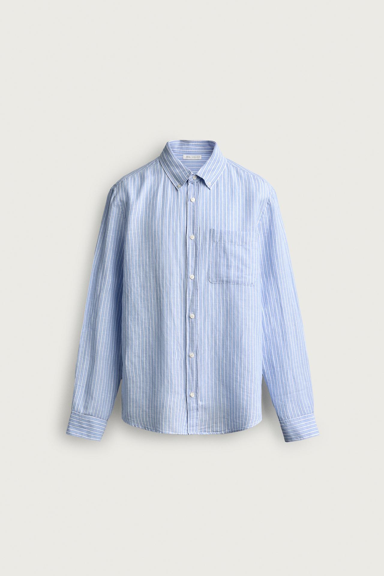 LINEN COTTON BLEND REGULAR FIT SHIRT — striped