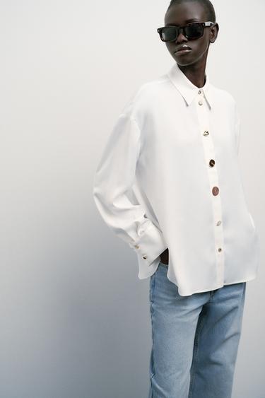 CONTRAST BUTTON SATIN SHIRT - White by Zara - Image 1
