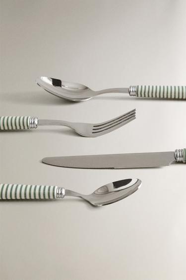 4-PIECE CUTLERY SET WITH STRIPED HANDLE - Green / Ecru by Zara - Image 3