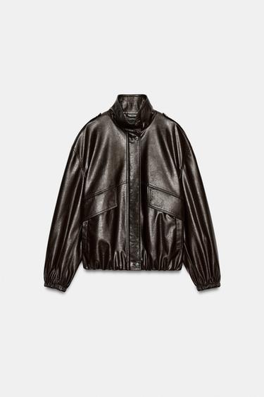 CAZADORA PIEL 100% CUELLO SUBIDO - Marrón de Zara - Imagen 0