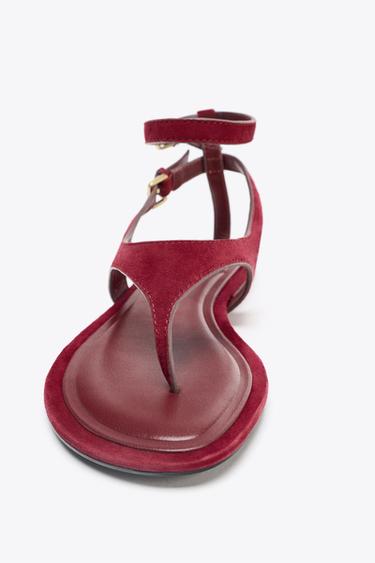 SPLIT SUEDE FLAT TOE POST SANDALS - Red by Zara - Image 3