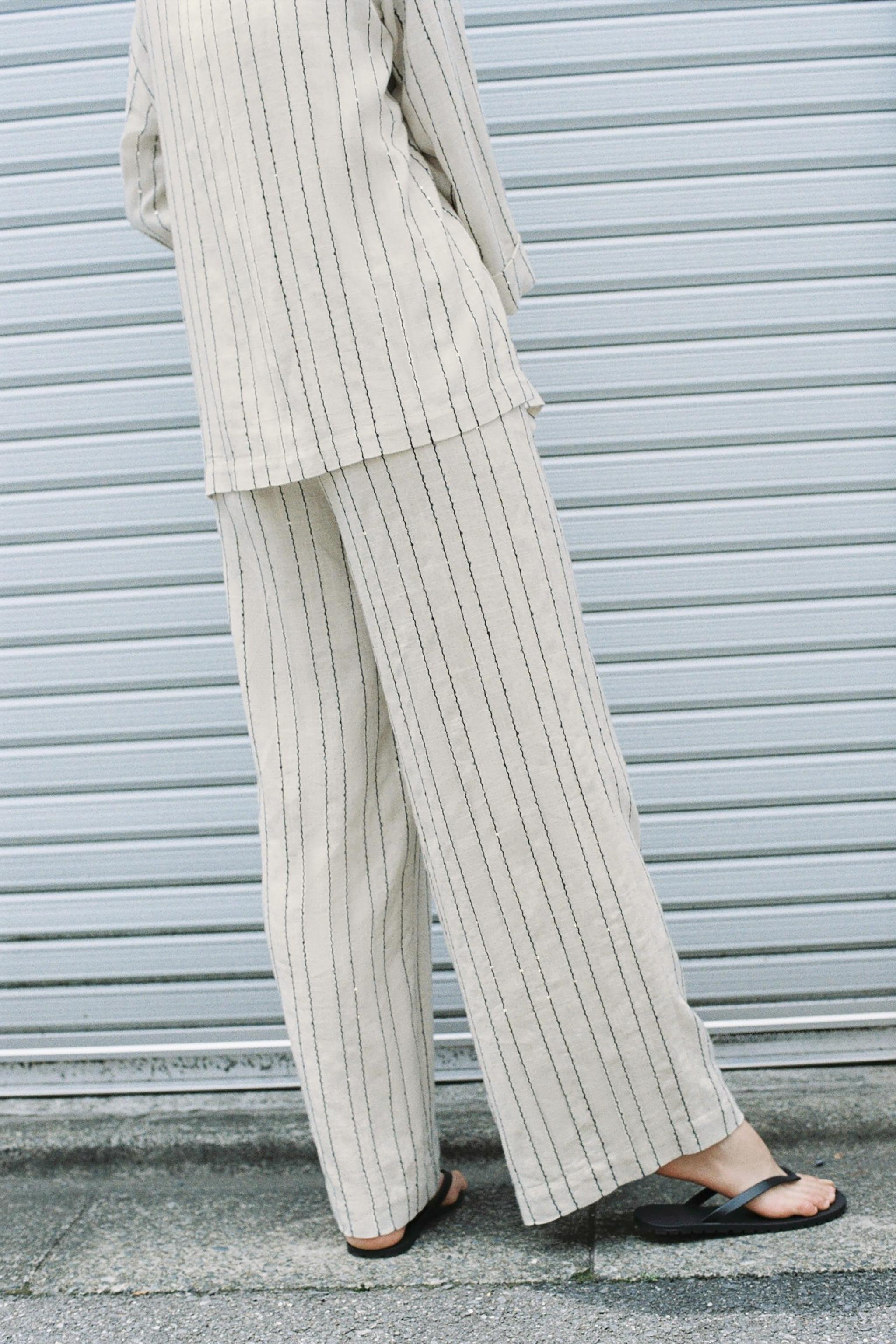 スパンコールストライプ柄パンツ - ライトベージュ | ZARA Japan