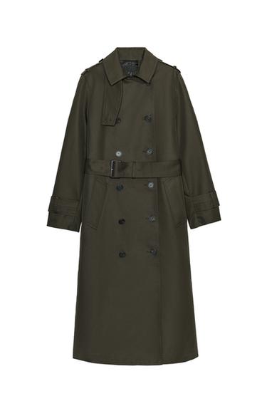 Front view of a dark khaki trench coat with a notched lapel collar, long sleeves, a double-breasted button closure, a belt, and side pockets.