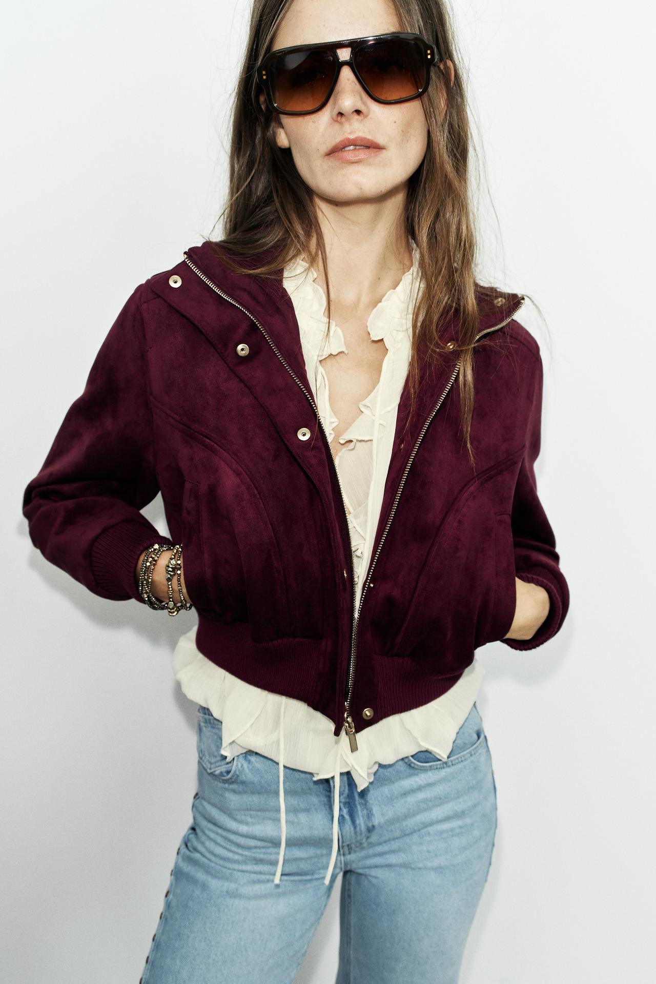 FAUX SUEDE HIGH-NECK JACKET — Eggplant