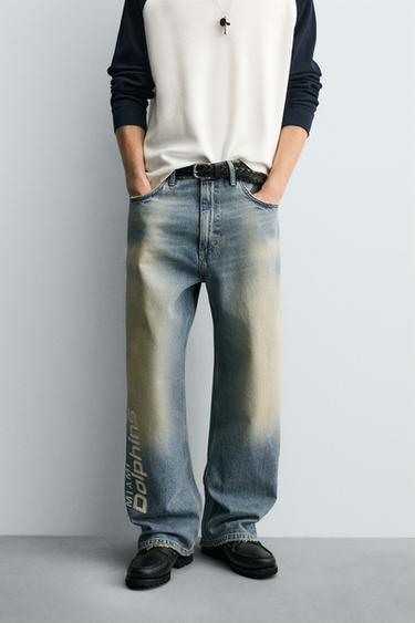 RELAXED FIT EMBROIDERED NFL MIAMI DOLPHINS JEANS - Mid-blue by Zara