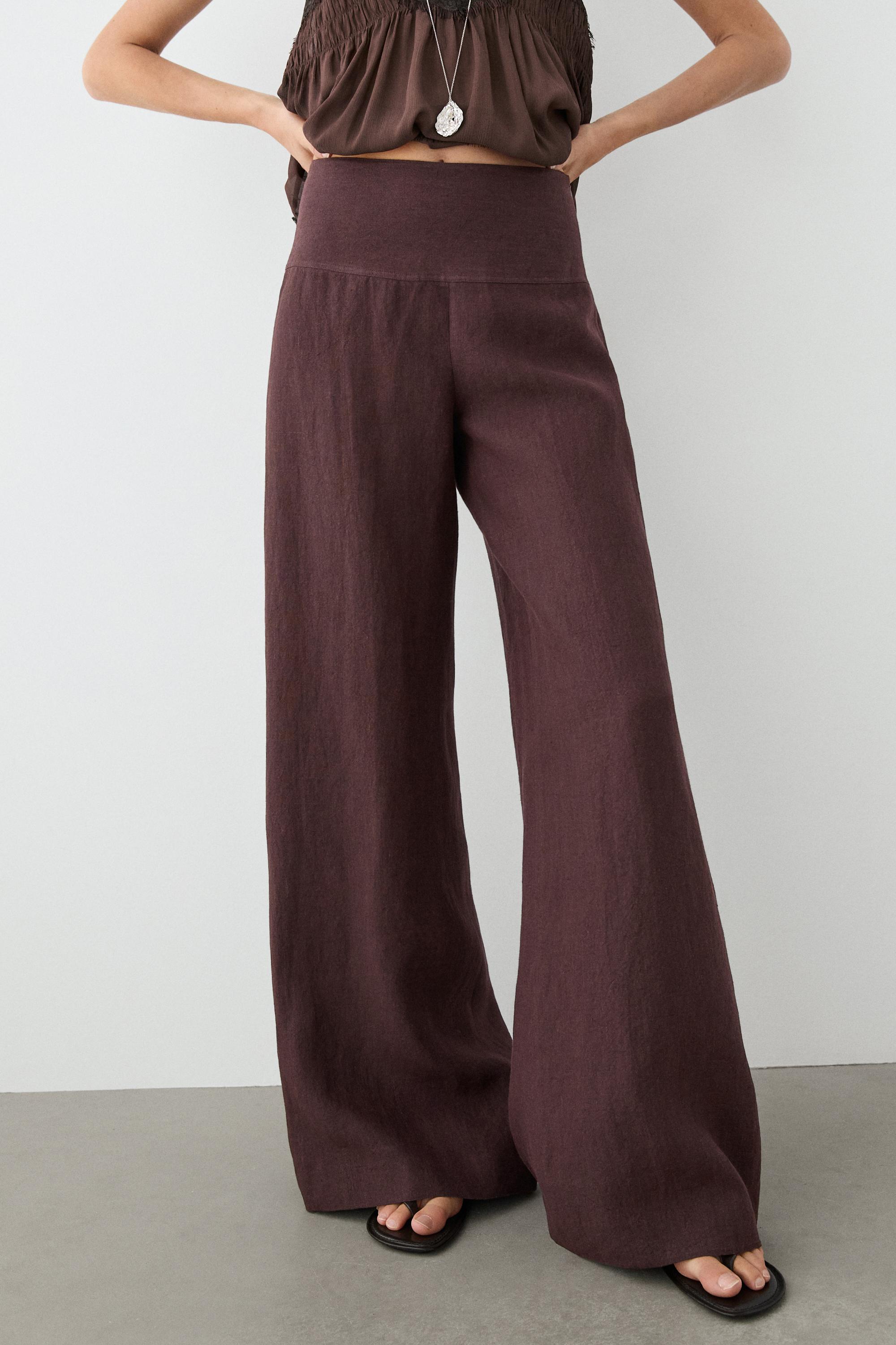 100% linen mid-waist flared pants — various