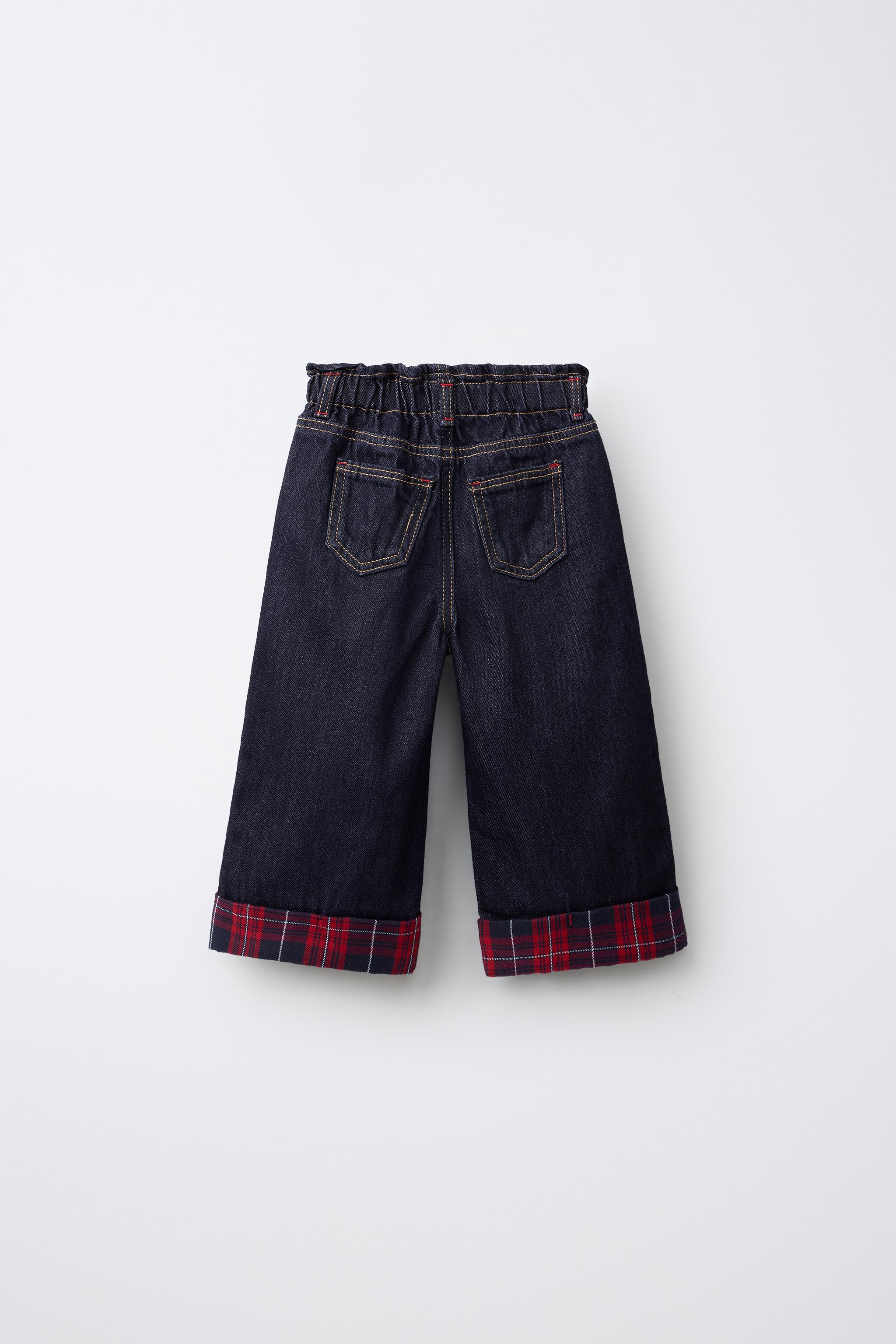 WIDE-LEG PLAID CUFF EMBROIDERED JEANS