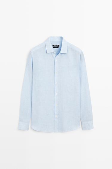 Zara 100% linen regular fit check shirt - Green stripe