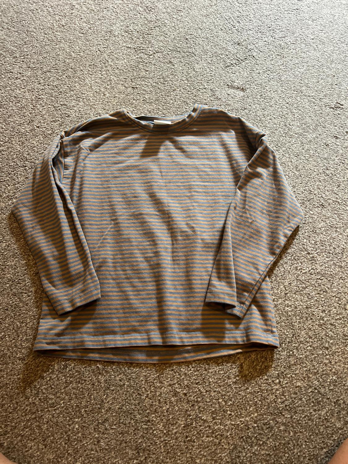 Long-sleeved T-shirt with blue and brown horizontal stripes, laid out on a textured beige rug.