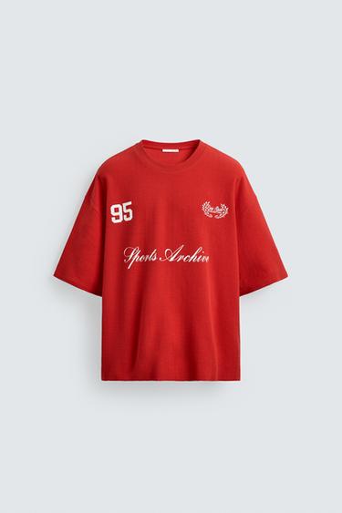 Zara COMBINATION EMBROIDERY TEXTURED T-SHIRT - Red