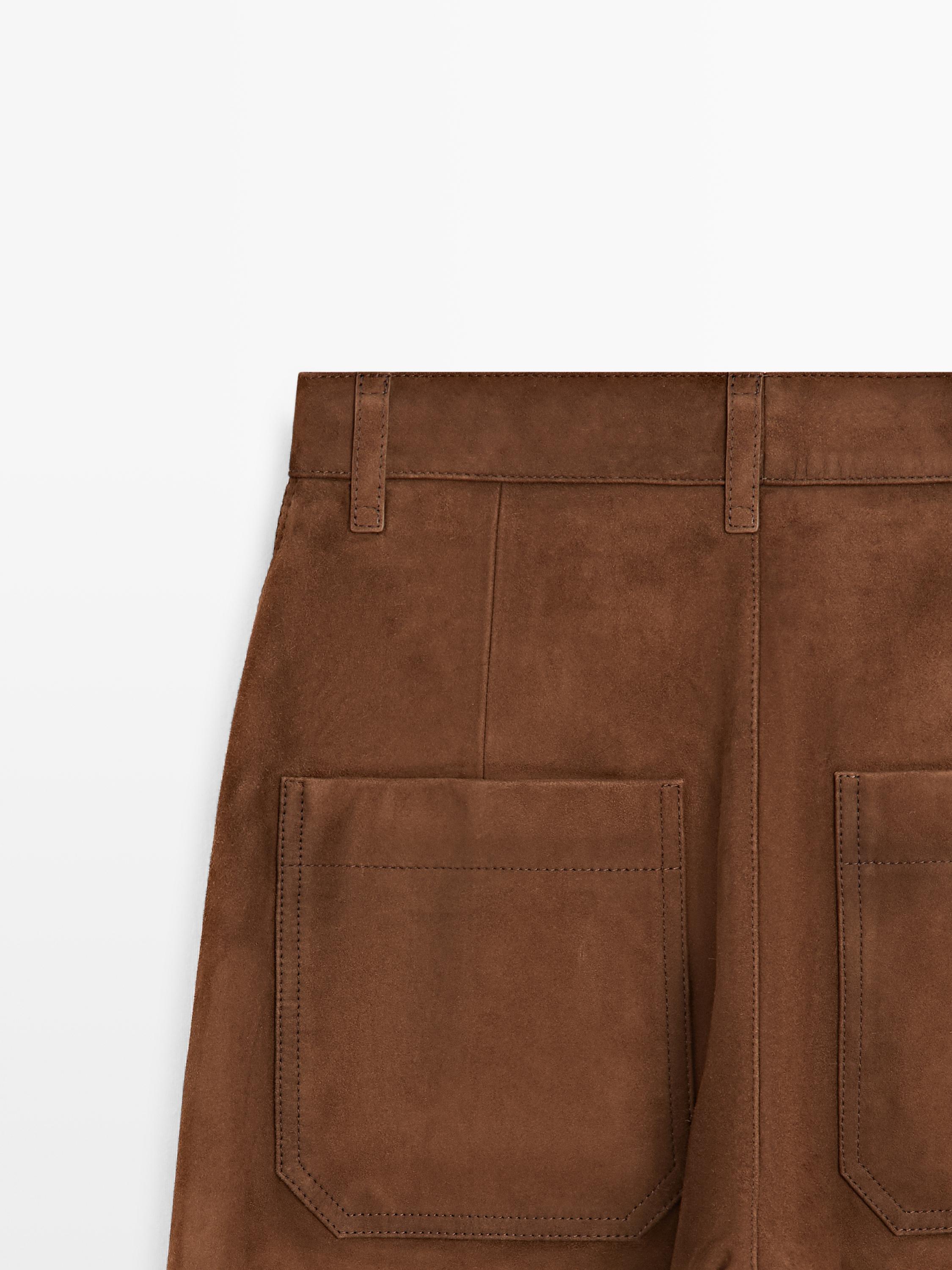 Suede leather wide-leg trousers with pockets