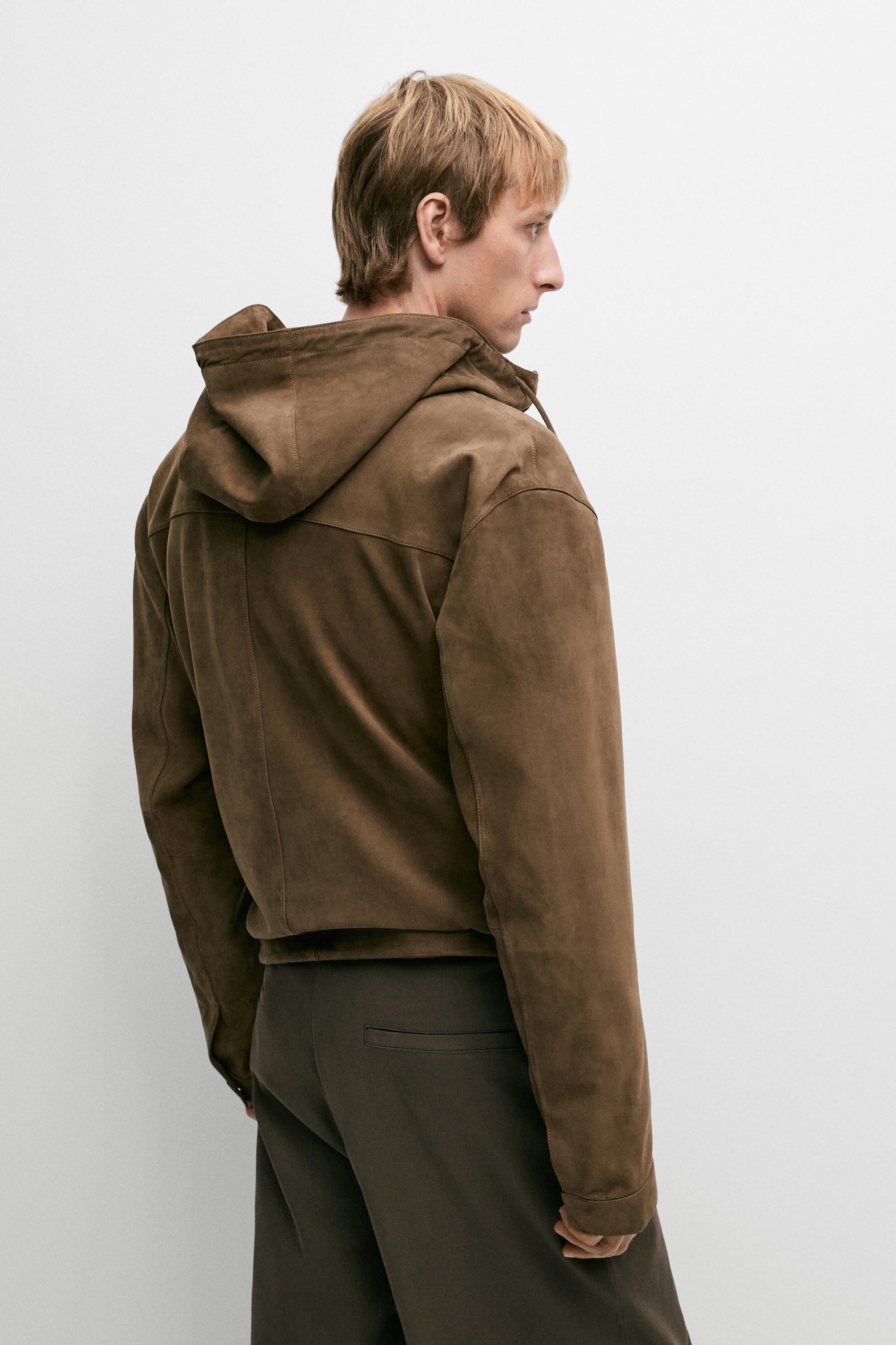 Veste en cuir daim à capuche