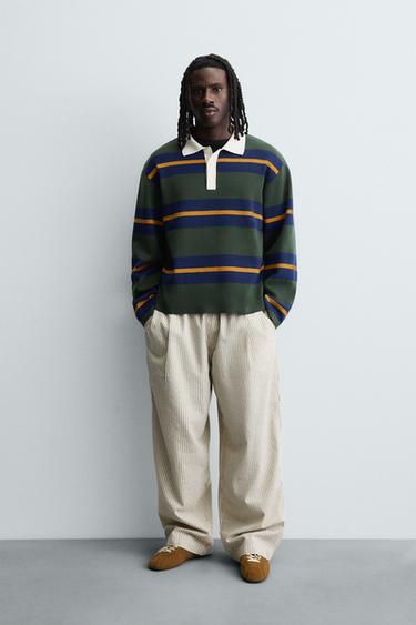 Zara 撞色領條紋針織POLO衫 - 綠色