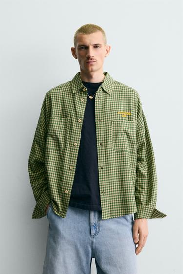 CAMISA CUADROS FRANELA BORDADO - Blanco / Verde de Zara
