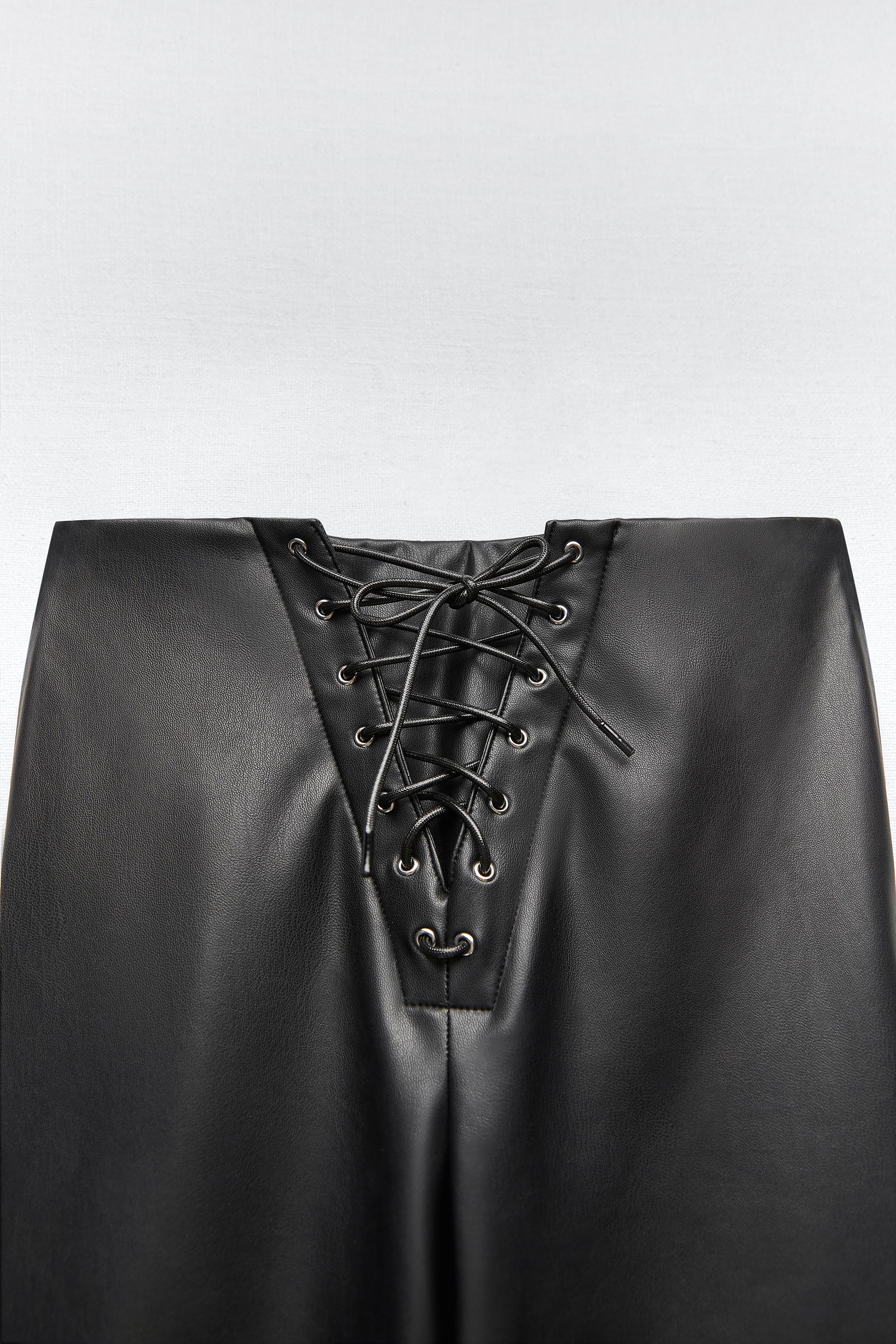 LEATHER EFFECT FULL LENGTH TROUSERS - Black