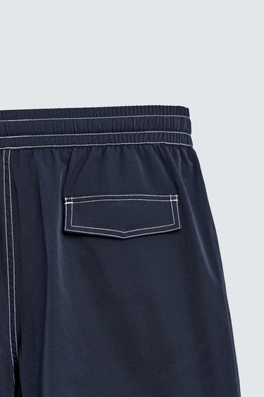 LONG SWIMMING TRUNKS WITH CONTRAST TOPSTITCHING - Navy blue by Zara - Image 9