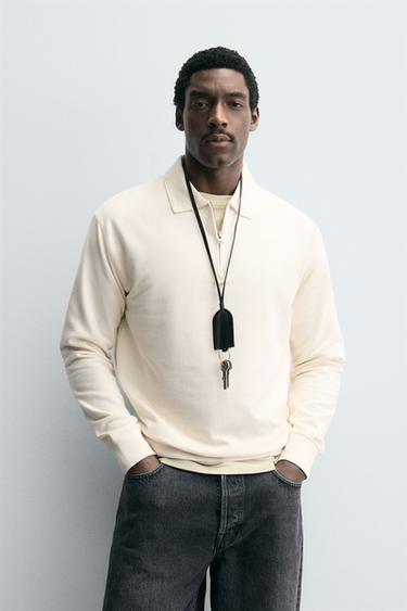 TEXTURED WEAVE POLO SHIRT WITH ZIP - Ecru by Zara