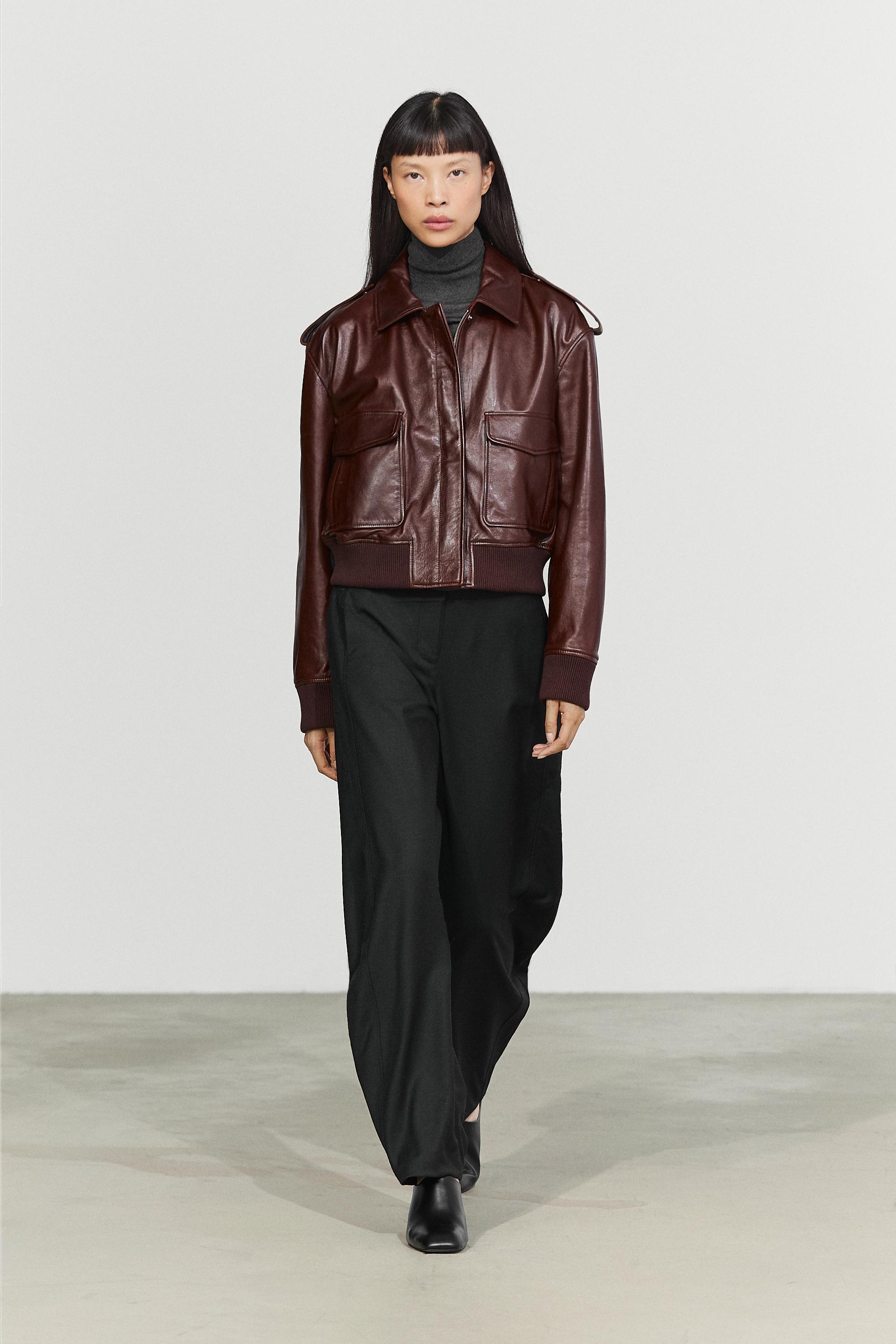 Blouson bomber à poches en cuir nappa