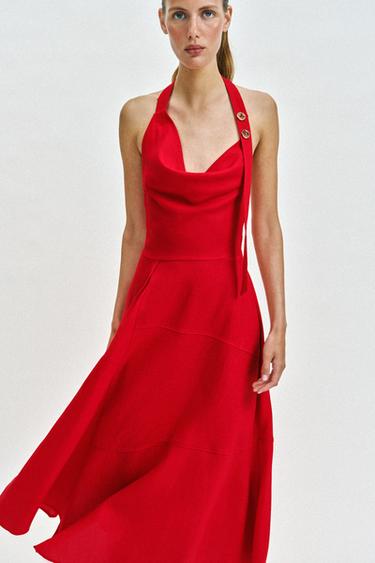 Zara LINEN BLEND HALTER MIDI DRESS - Red