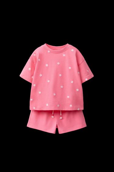 CONJUNTO CAMISETA Y BERMUDA BORDADOS - Rosa / Blanco de Zara
