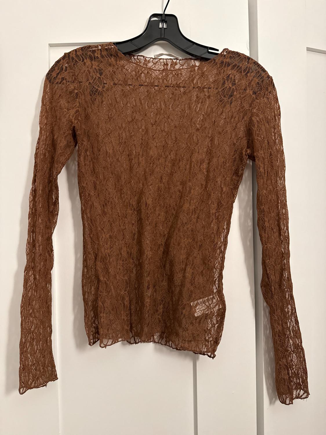 Long-sleeved brown lace blouse hanging on a black hanger against a white background.