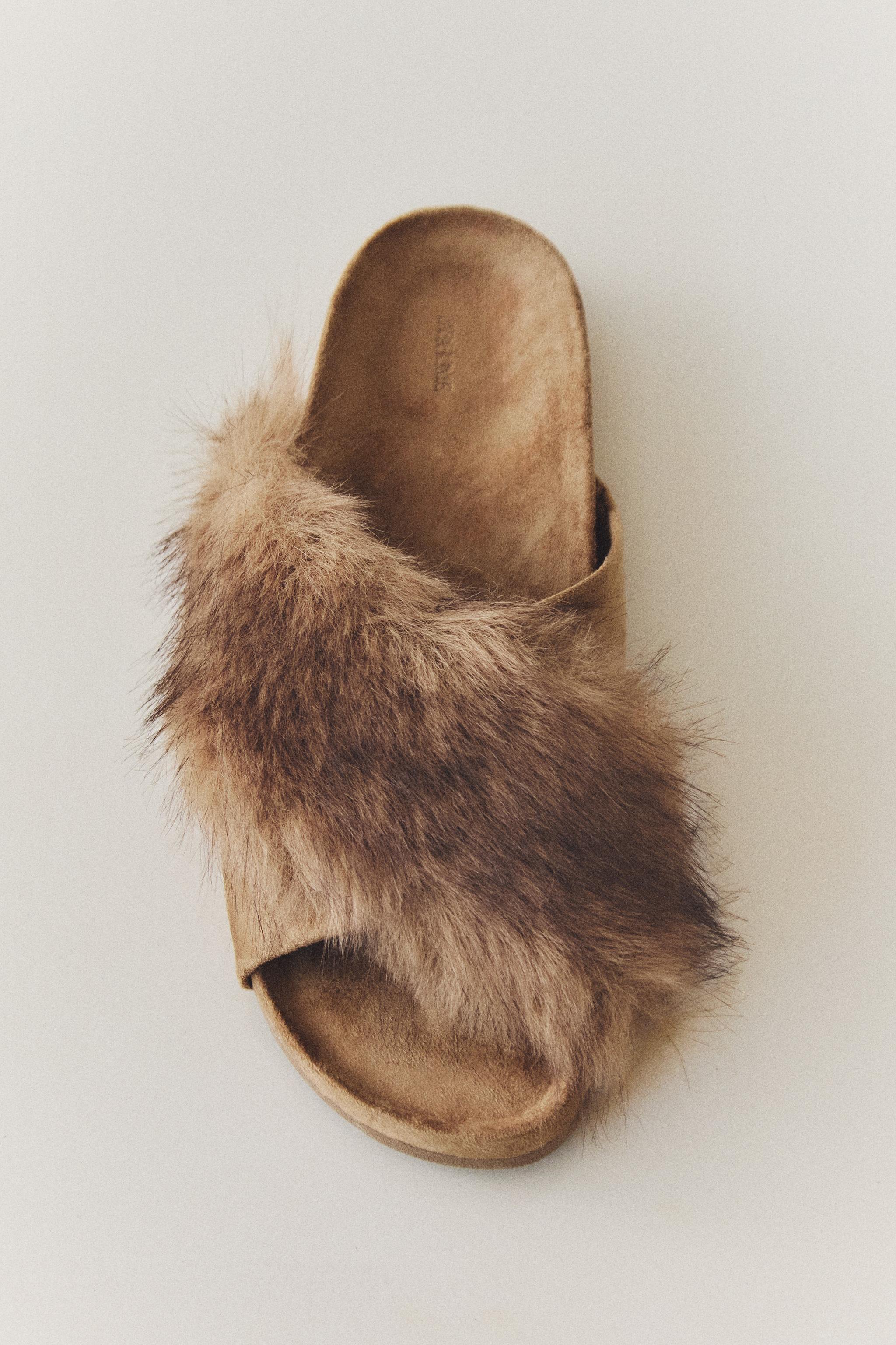 ASYMMETRIC FAUX FUR SANDALS — Brown