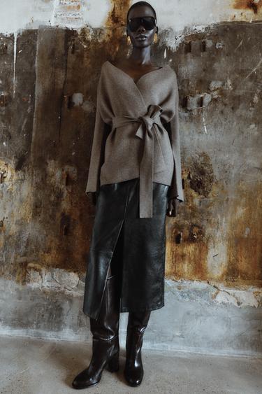 PLAIN KNIT CARDIGAN WITH BELT - Mink by Zara