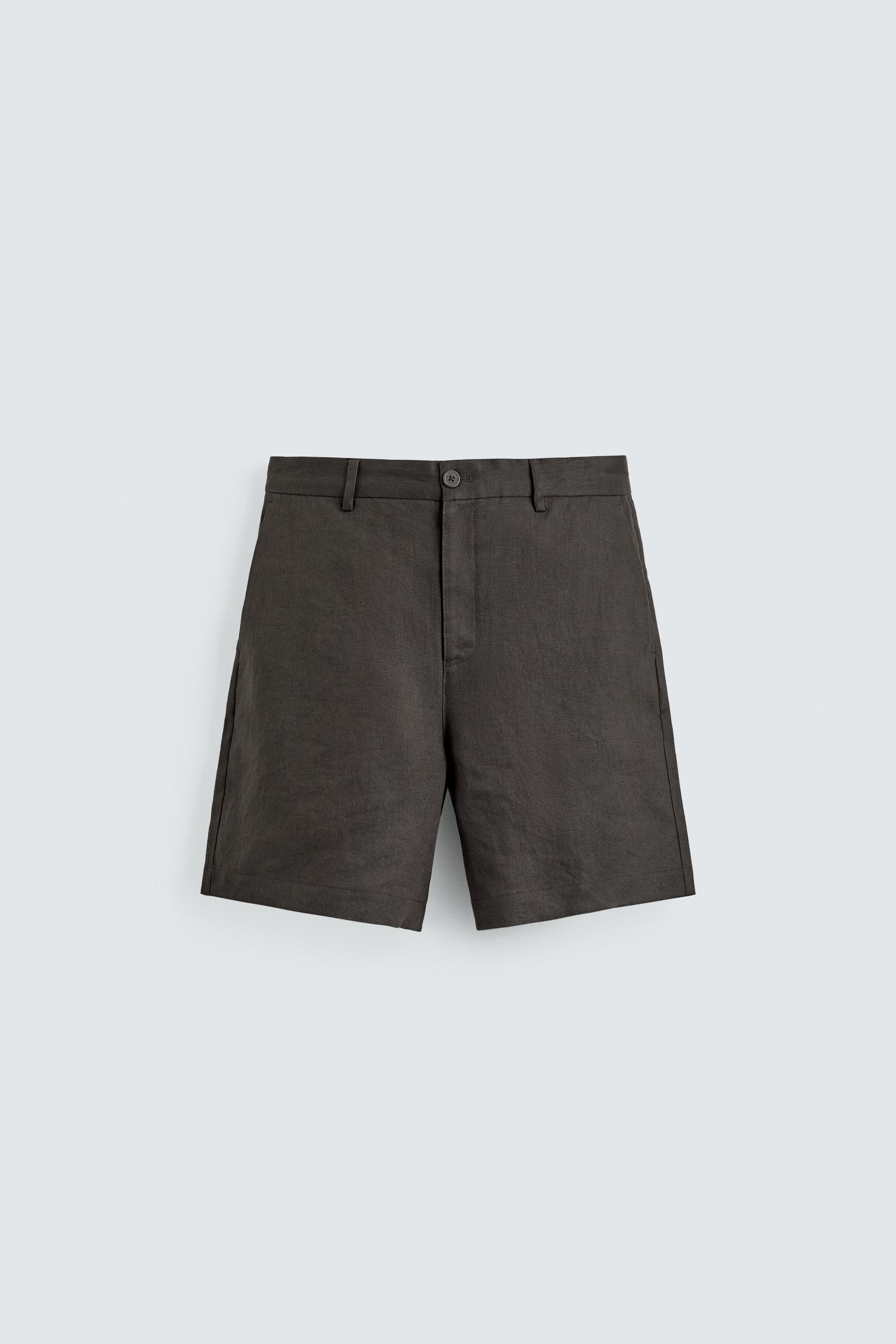 100% LINEN REGULAR FIT BERMUDA SHORTS — Brown