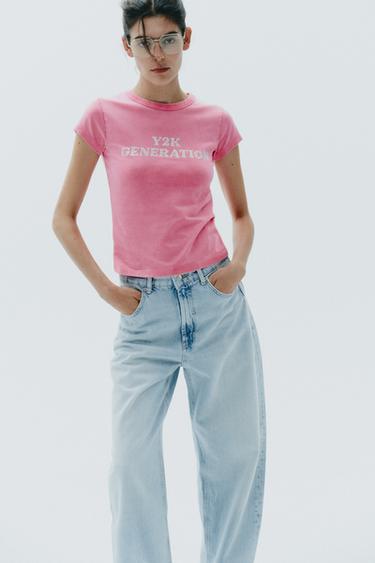 WASHED-EFFECT RHINESTONE T-SHIRT - Pink by Zara - Image 1