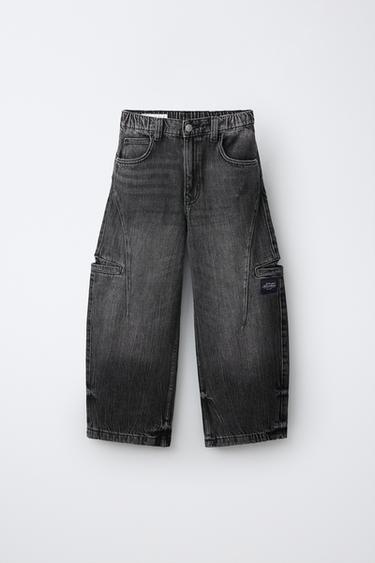 Zara 標籤細節桶形工裝褲 - 黑色