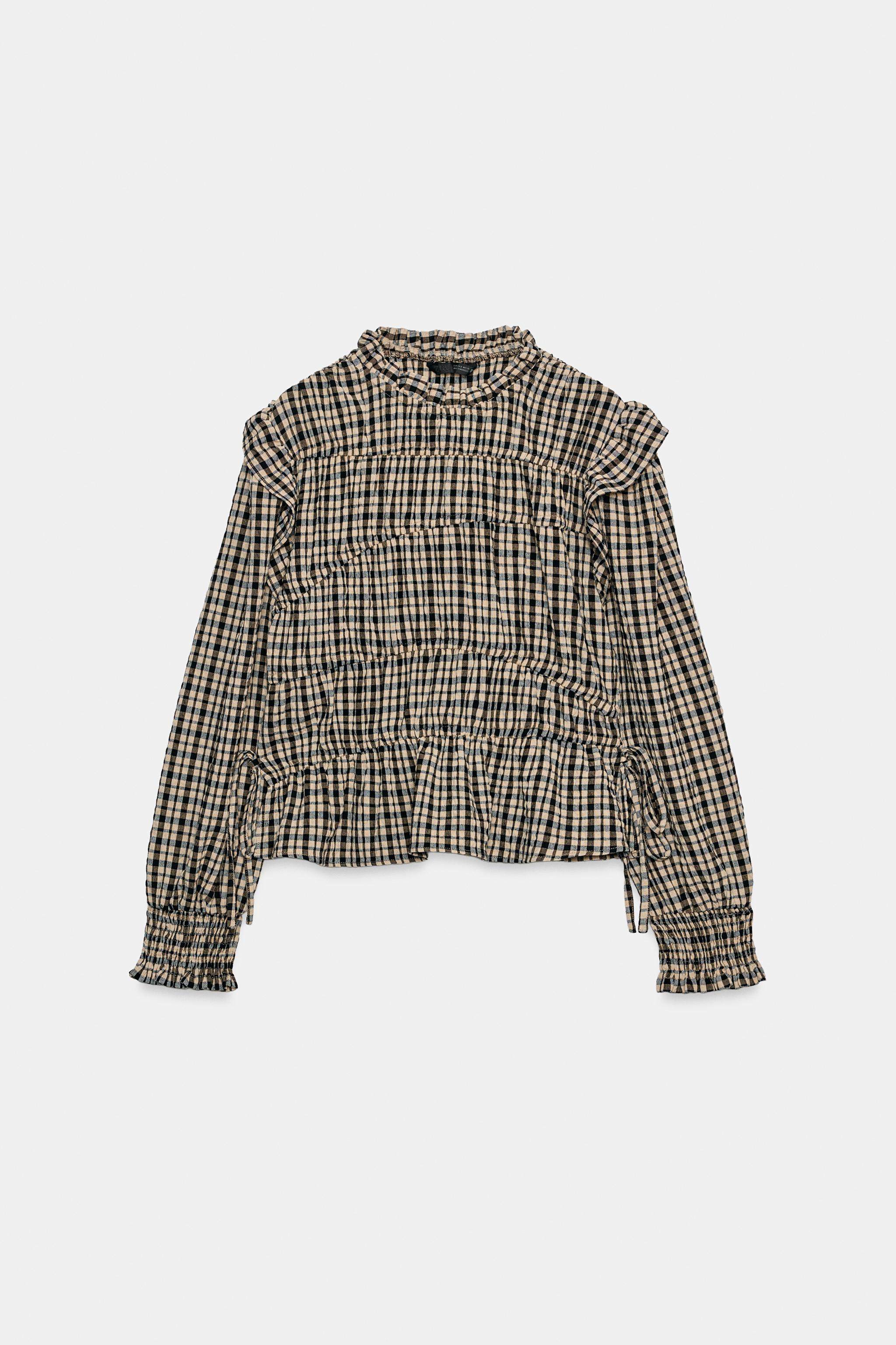 チェック柄フリルトップス チェック柄フリルブラウス - ブラック/エクリュ | ZARA Japan / 日本