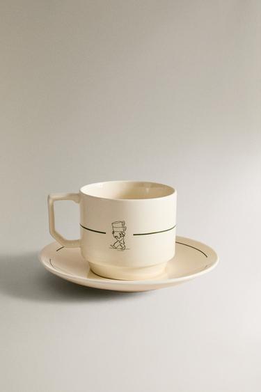 TAZA TÉ Y PLATO GRES CAFETERÍA - Blanco / Verde de Zara