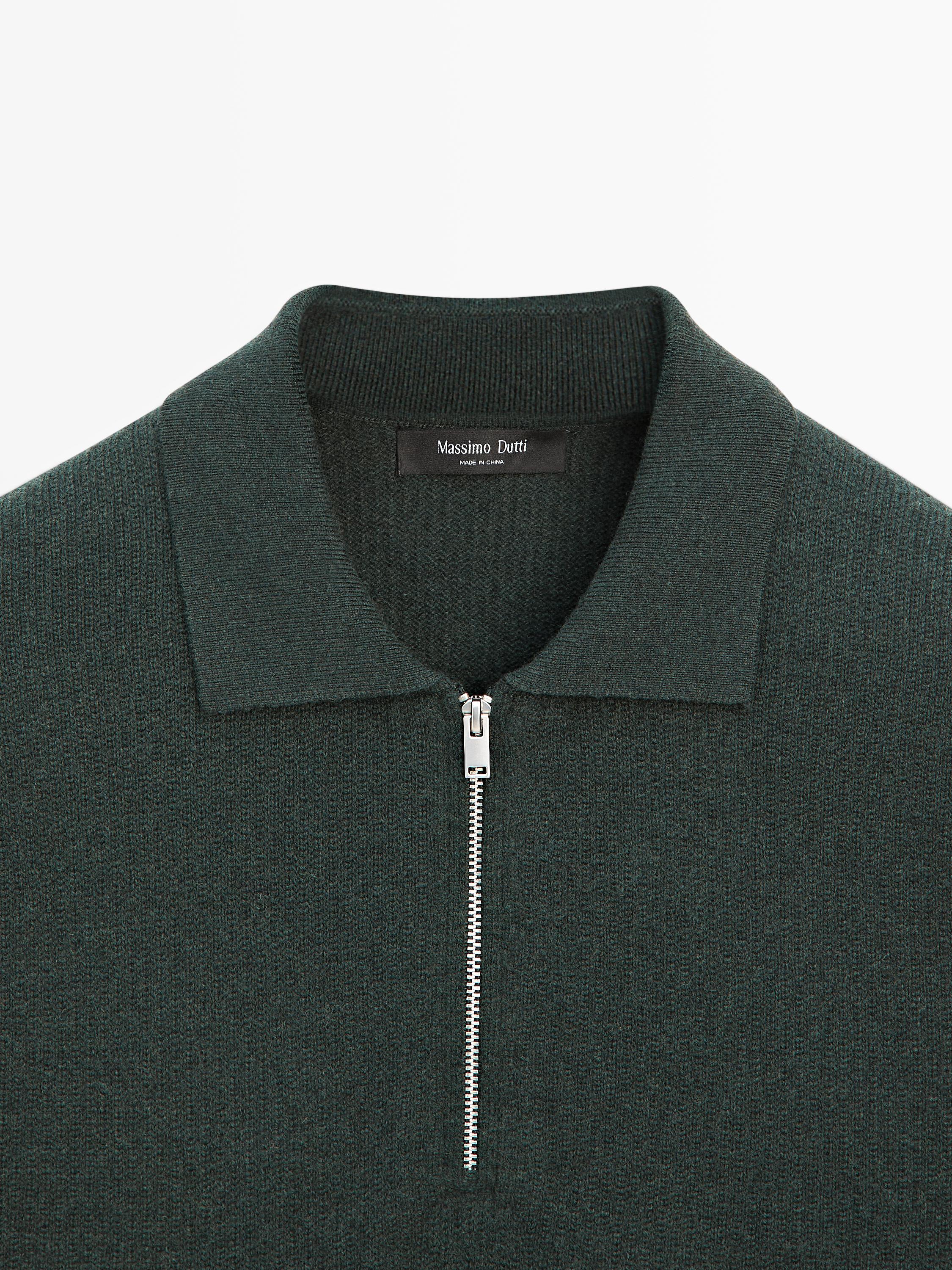 Knit wool blend polo sweater with zip